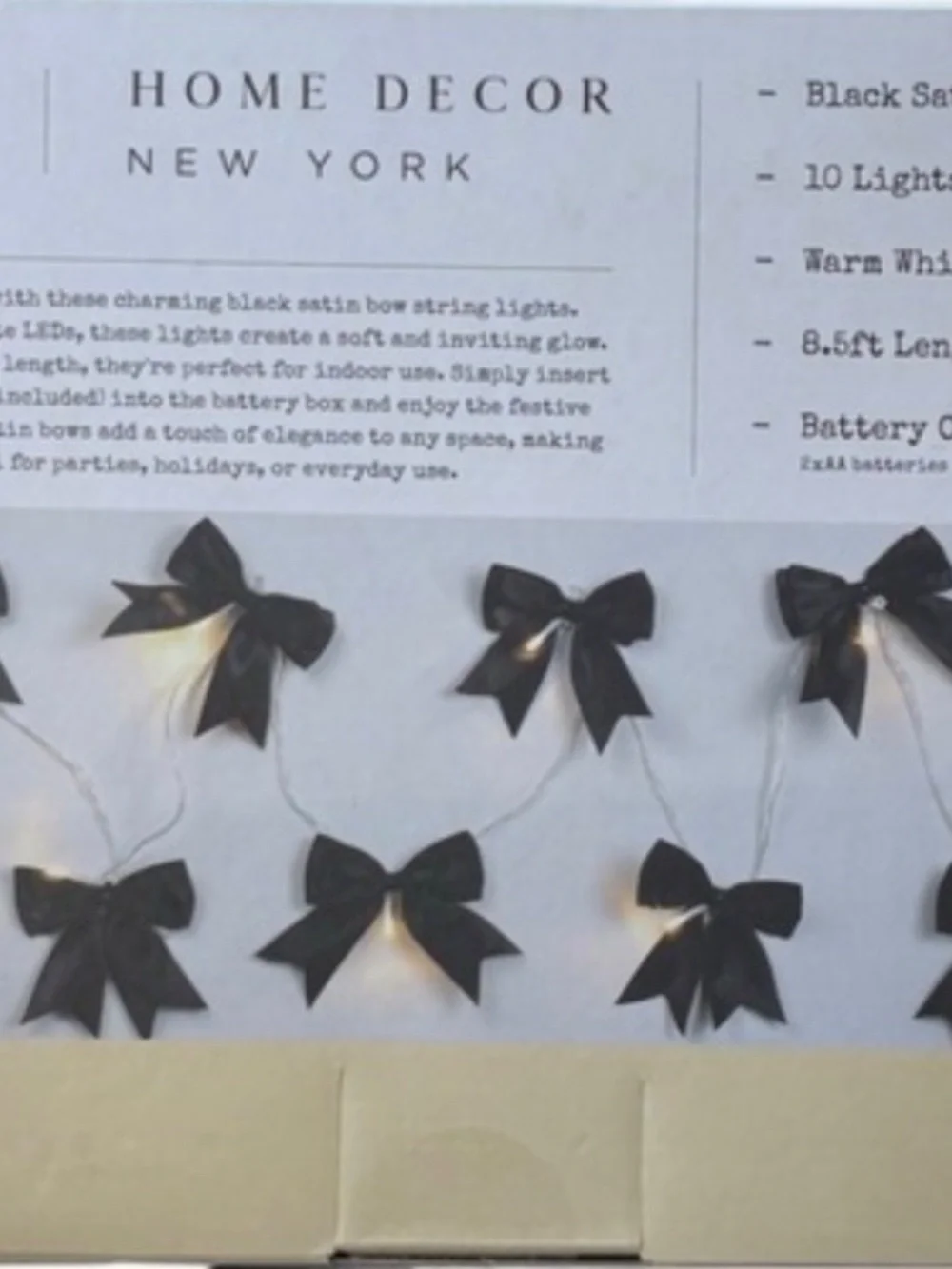 NWT - W&A Home Decor Black Satin Bow String Lights - 10 Warm White LEDs (8.5ft)